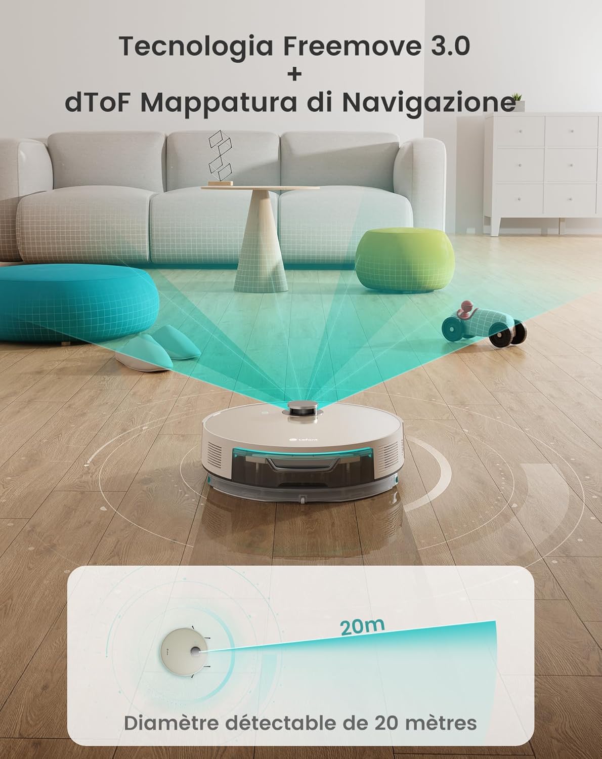 LEFANT N3 Robotstofzuiger met kartering, lasersensor d-ToF, 6000 Pa, 200 min, virtuele barrières, reiniging van het geselecteerde gebied, robotstofzuiger verbonden met app, champagnegrijs