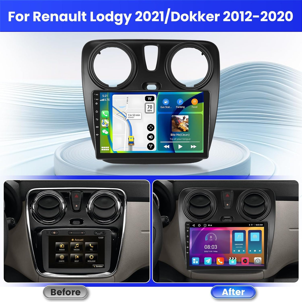 2+64G Radio voor Renault Lodgy 2021/Dokker 2012-2020 Android met Wireless CarPlay Android Auto, 9-inch auto scherm Bluetooth WIFI 26UI GPS FM EQ SWC AHD Achteruitrijcamera