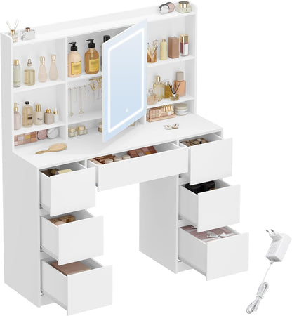 Hzuaneri Dressing Table with Lighting, Dressing Table with Large LED Mirror, Adjustable Brightness, with 7 Drawers, 4 Shelves for Bedroom, Storage Space Behind the Mirror, White DT43203XEU