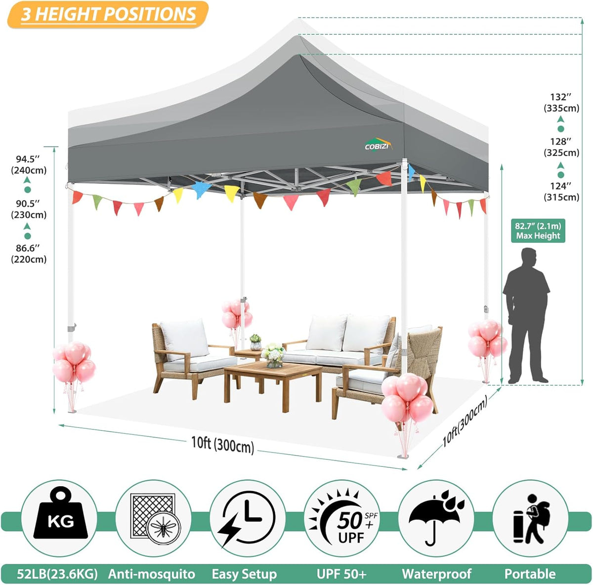 COBIZI Paviljoen, 3x3, vouwpaviljoen, waterdicht, stabiel, partytent, tuinpaviljoen, uv-bescherming met 4 zijwanden van mesh, grijs