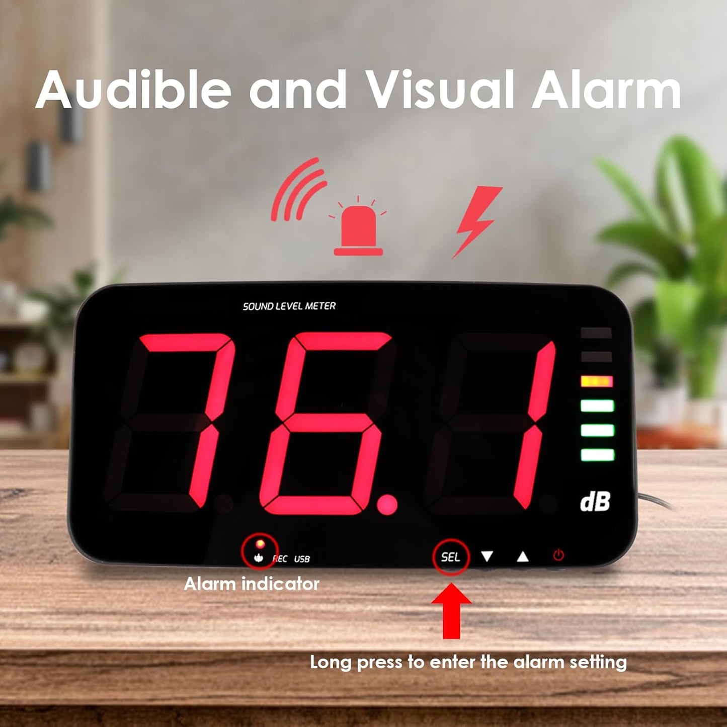 Decibel geluidsniveaumeter om op te hangen aan de muur, geluidsniveaumeter met 16,4 voet geluidssensor, akoestisch en visueel alarm geluidsmeter voor het bewaken van het niveau van