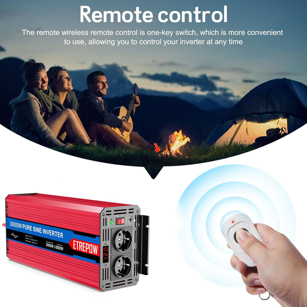 3000w/6000W Omvormer Zuivere Sinus Spanningsomvormer 12v 230v Stroomomvormers met 2 EU-stopcontact en 1 USB-poort, Draadloze Afstandsbediening