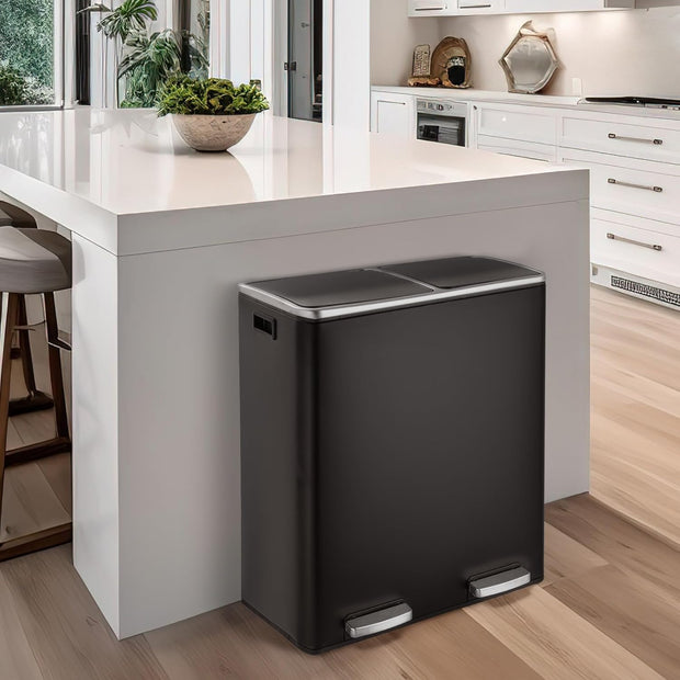 Vuilnisemmer - Afvalemmer Buiten - Prullenbak - Vuilnisbak - met 2 Vakken - Softclose-deksel - Pedaalemmer van Metaal - Kunststof Binnenemmer - Afvalscheidingssysteem - Recycling - voor Keuken - Buiten - RVS - 60L - Zwart
