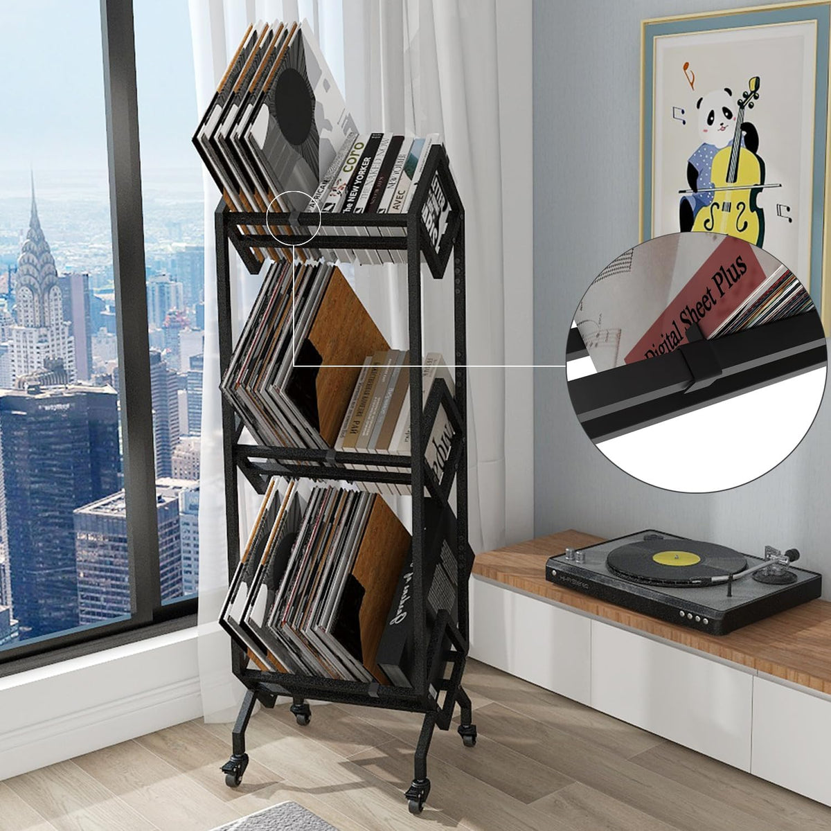 Vinyl Opbergrek Op Wielen – Platenrek – LP Opbergrek – Vinyl Rek – Platenhouder – Tot 150 LP’s – Stevig Metalen Frame Met Poedercoating