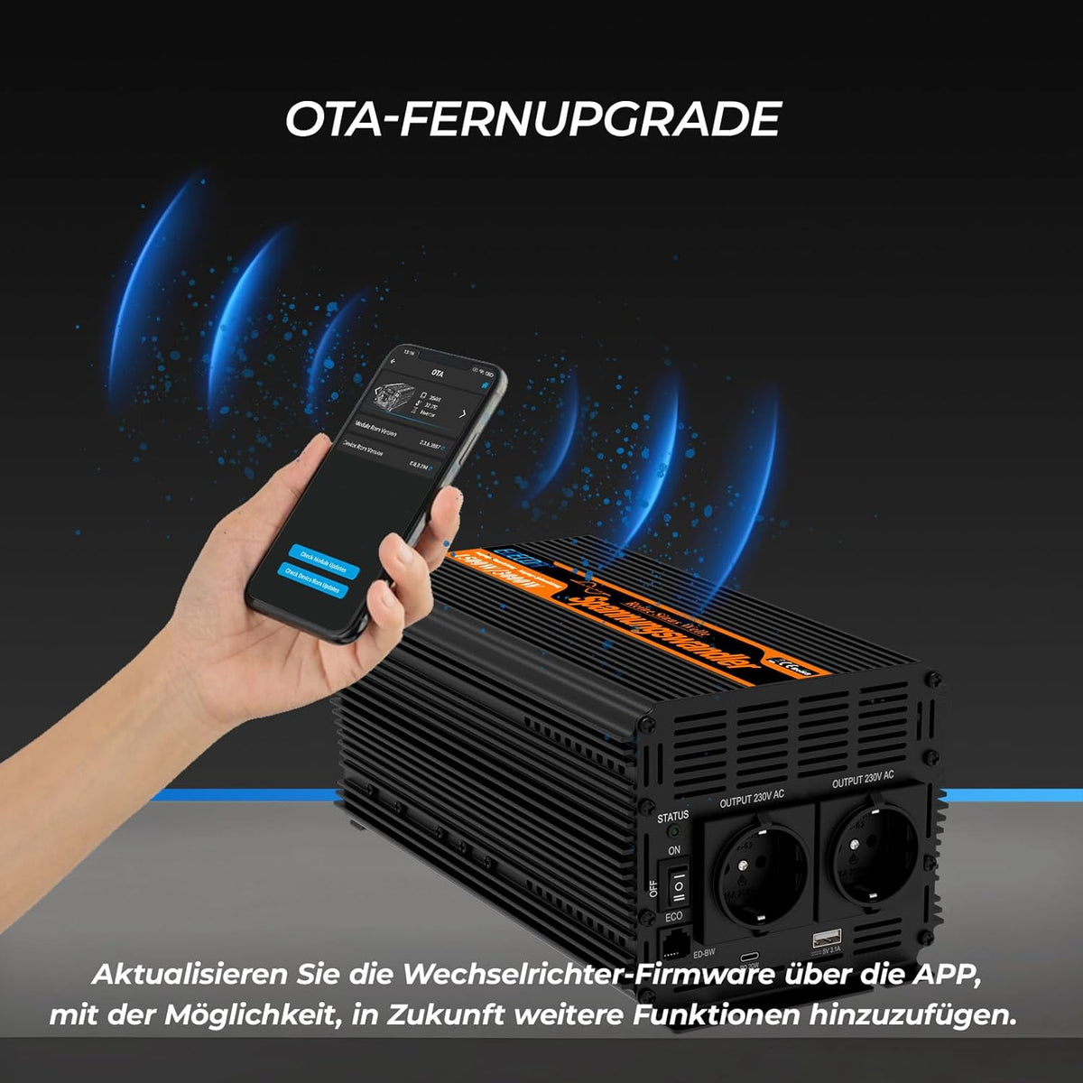 EDECOA 12 V 230 V omvormer 1500 W/3000 W 12 V naar 230 V zuivere sinusgolf omvormer met wifi-module, ondersteuning voor app-functies met 2 USB-poorten