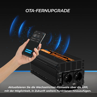 EDECOA 12 V 230 V omvormer 1500 W/3000 W 12 V naar 230 V zuivere sinusgolf omvormer met wifi-module, ondersteuning voor app-functies met 2 USB-poorten