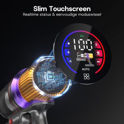 V16 Draadloze Stofzuiger 55Kpa/600W/80Min, Vacuum Cleaner en LED Touchscreen, Anti-klit Borstel, Automatische Modus voor Tapijt, Dierenharen en Harde Vloeren