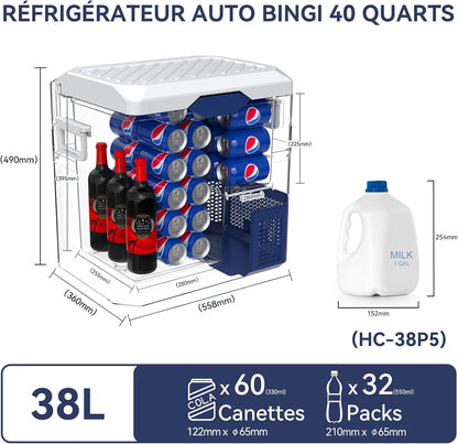 BINGI Compressor Koelbox, 38 Liter Draagbare Auto Koelkast, 12/24 V DC en 230 V AC, Mini-koelkast Voor Auto, Vrachtwagen, Camping, Camper en Thuis