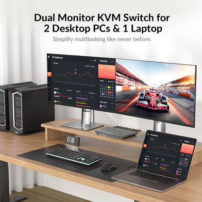 AV Access Docking Station KVM-switch 1 laptop en 2 desktop-pc's, dubbele 4K@60Hz-monitoren, EDID-emulatie, 100 W USB-C-opladen, Gigabit Ethernet, hoge verversingssnelheden, ideaal voor gaming, kantoor