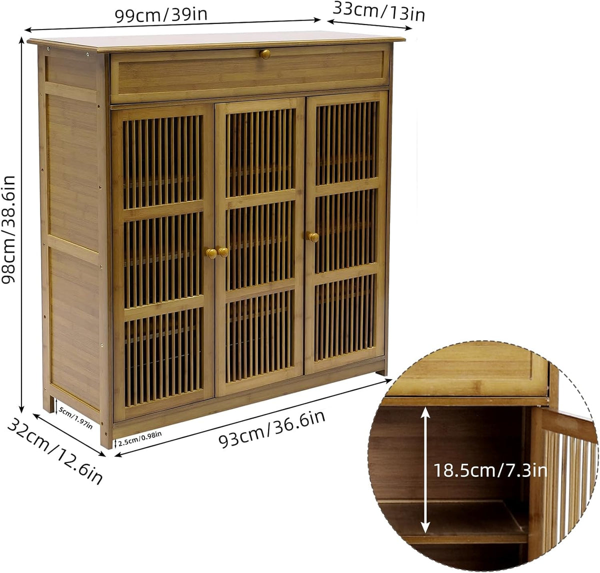 unho Bamboe schoenopbergkast: houten schoenenrek organizer met 3 holle deur en lade voor hal entree 4 niveaus