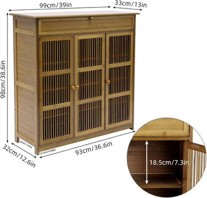 unho Bamboe schoenopbergkast: houten schoenenrek organizer met 3 holle deur en lade voor hal entree 4 niveaus