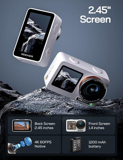 WOLFANG Seeker One White Waterdichte Actiecamera met 4K60fps Ultra HD-video, Dual Screen Kleurendisplay, 16 Voet Onder Water Camera, Live Streaming, Webcam, Stabilisatie met GO APE