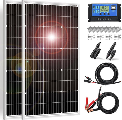 Zonnepaneel Set van 2 – Zonnepanelen – Zonnepaneelset – 12V Zonnepaneel – Camper Zonnepaneel – Monokristallijne Cellen – Gehard Glas, Geanodiseerd Aluminium Frame