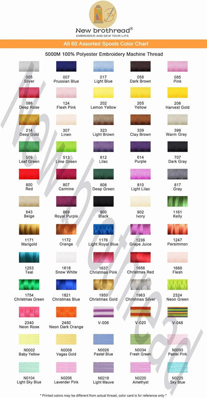 New brothread - Alle 60 Verschillende Kleuren 5000M Enorme Spoel Polyester Machine Borduurgaren voor commerciële en huishoudelijke borduurmachines