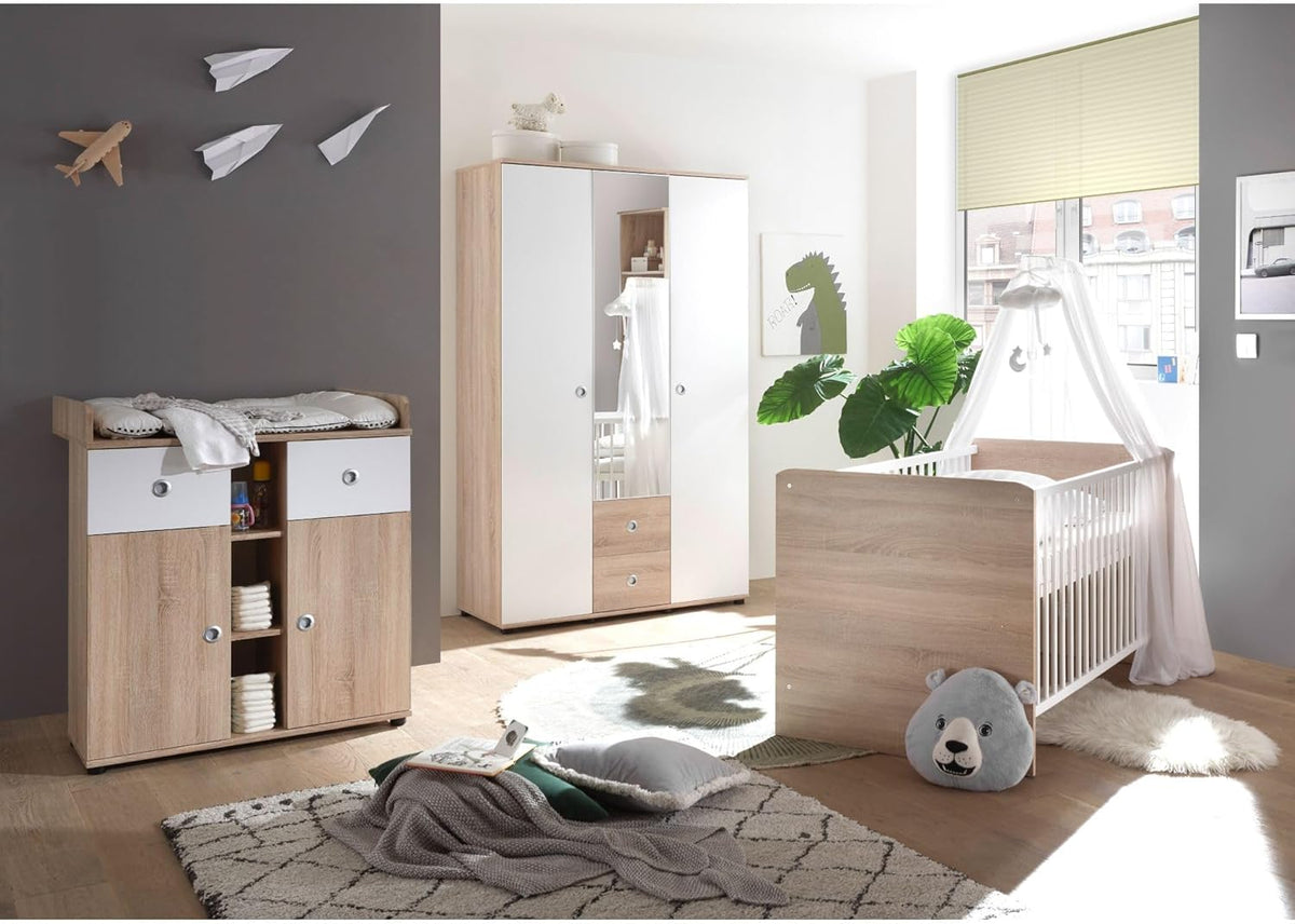 Stella Trading Wiki Baby Room Complete Set in Oak Sonoma Look / White - 3-Piece Set of 3 Wardrobe, Baby Bed and Changing Table - QUORE