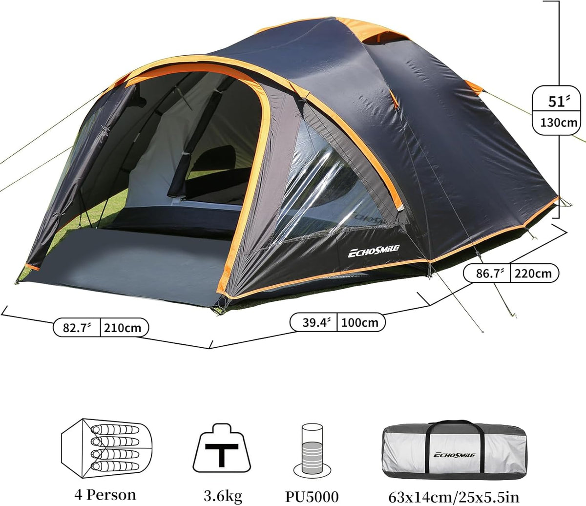 EchoSmile 4-persoons campingtent, 3-4 seizoenen, waterdicht, 5000 mm, koepeltent met voortent, lichte wandeltent, outdoor iglu tent, festivaltent