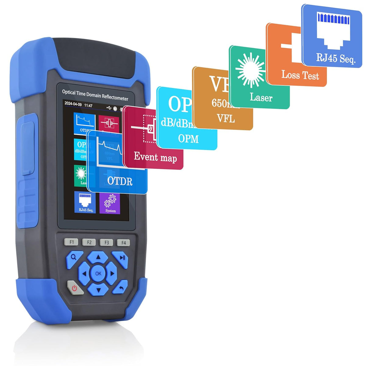 1310nm/24dB+1550nm/22dB Glasvezel OTDR met OPM+OLS+VFL+Evenementen Kaart+Verlies Test+RJ45-lijnsequencer+RJ45-kabeltracer SM Vezel Tester Compatibel met APC&UPC SC+FC+ST+LC-SS303T-2A1