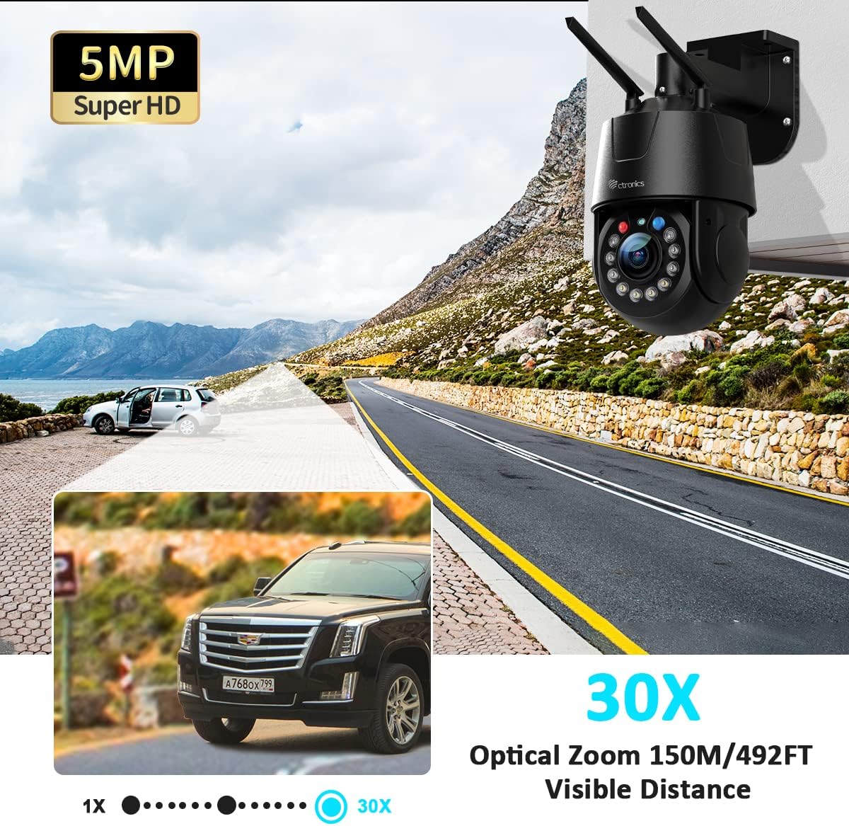 Ctronics Bewakingscamera, 5MP, 30x, wifi, voor buiten, HD-nachtzicht, 150 m, PTZ-beveiligingscamera, menselijke detectie, automatisch tracking, akoestisch alarm, IP66 waterdicht, zwart