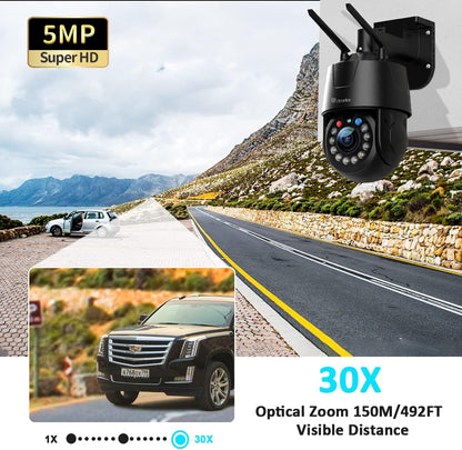 Ctronics Bewakingscamera, 5MP, 30x, wifi, voor buiten, HD-nachtzicht, 150 m, PTZ-beveiligingscamera, menselijke detectie, automatisch tracking, akoestisch alarm, IP66 waterdicht, zwart
