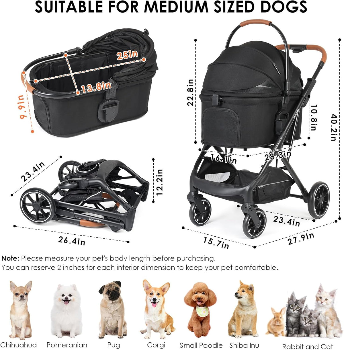 T6 Luxe Huisdierwagen voor middelgrote honden onder 29.9kg of 2 kleine honden & katten, opvouwbaar en afneembaar (Zwart)