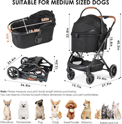 T6 Luxe Huisdierwagen voor middelgrote honden onder 29.9kg of 2 kleine honden & katten, opvouwbaar en afneembaar (Zwart)