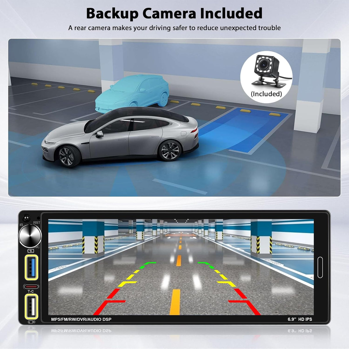Carplay 1 Din Car Radio Compatible with Wireless Android Car 6.9 Inch Touch Screen Bluetooth Car Radio Supports Hands-free Mirror Link FM Radio/USB Type-C EQ with Rearview Camera - QUORE