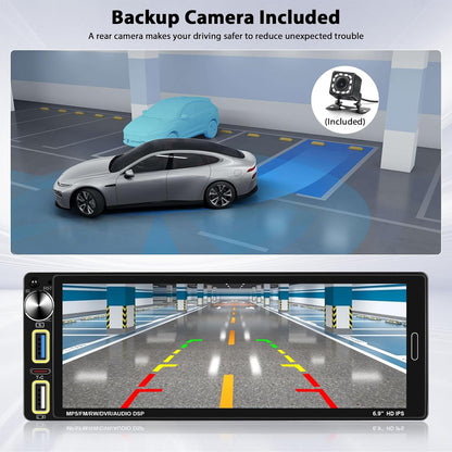 Carplay 1 Din Car Radio Compatible with Wireless Android Car 6.9 Inch Touch Screen Bluetooth Car Radio Supports Hands-free Mirror Link FM Radio/USB Type-C EQ with Rearview Camera - QUORE