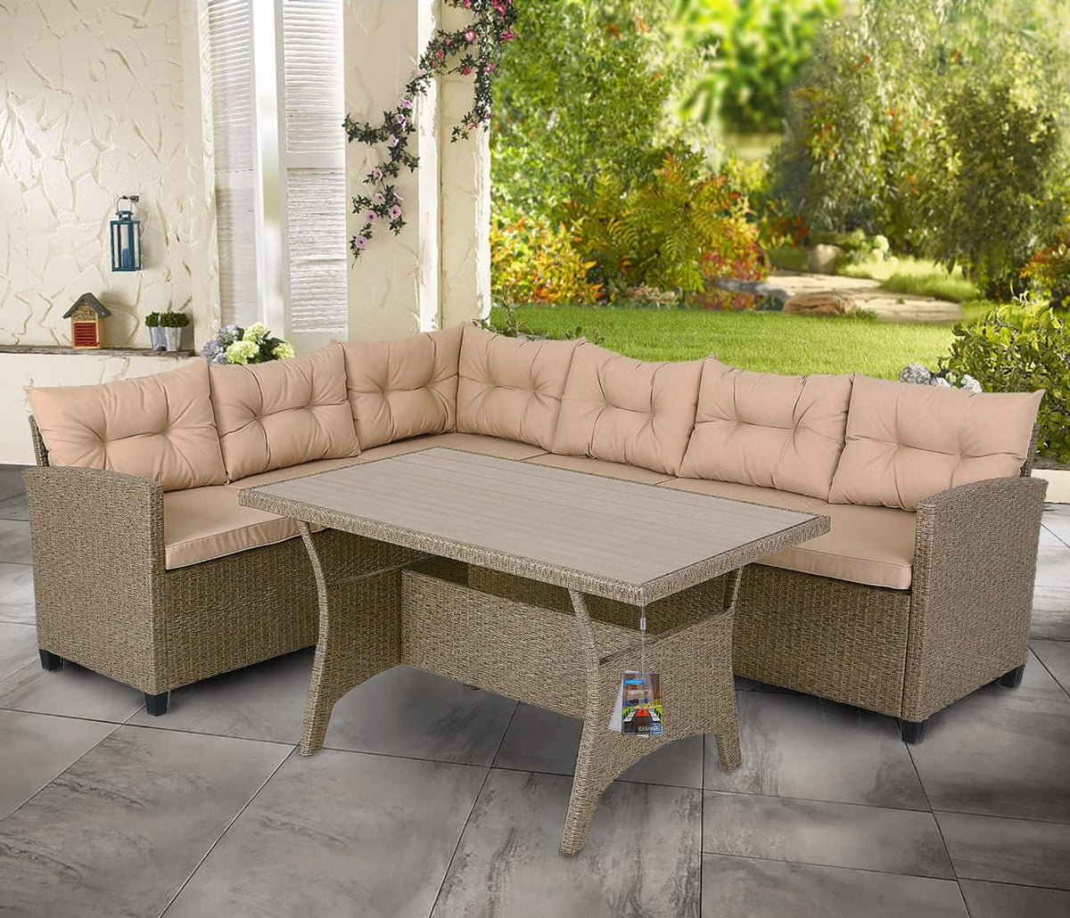 Casaria Corner Sofa Garden Polyrattan Table WPC Outdoor Lounge 340cm Grey Beige - QUORE
