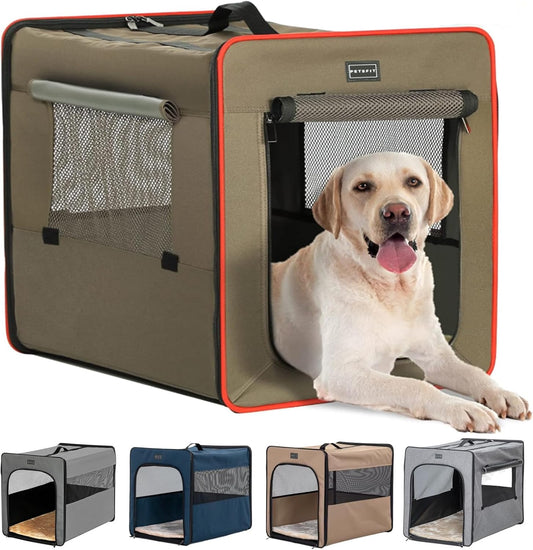Petsfit Hondenbox, opvouwbaar, met 3 cm dikke pluchen mat, draagbare transportbox voor honden, hondentransportbox voor grote honden, geschikt voor binnen en buiten, bruin, L 79 x 53,5 x 66 cm