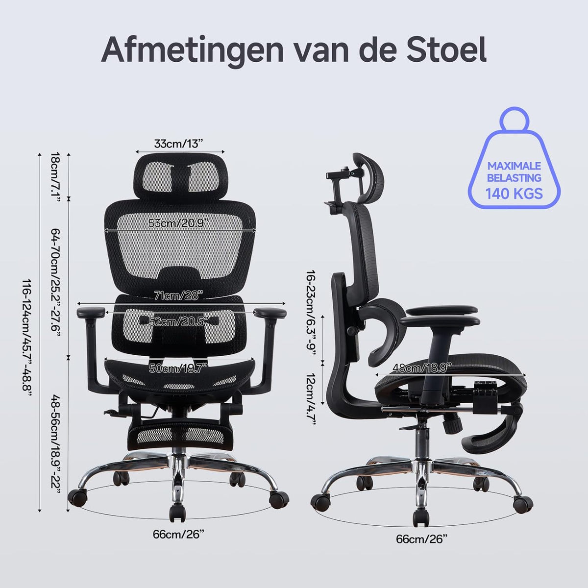 Ergonomische Bureaustoel met Voetensteun - 5-Zones Verstelbare Rugleuning, 2D Lendensteun, 3D Arm-/Hoofdsteun, 145° Kantelfunctie + Ademend Net voor Kantoor/Thuiswerk/Studie, Zwart