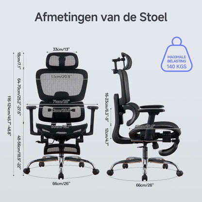 Ergonomische Bureaustoel met Voetensteun - 5-Zones Verstelbare Rugleuning, 2D Lendensteun, 3D Arm-/Hoofdsteun, 145° Kantelfunctie + Ademend Net voor Kantoor/Thuiswerk/Studie, Zwart