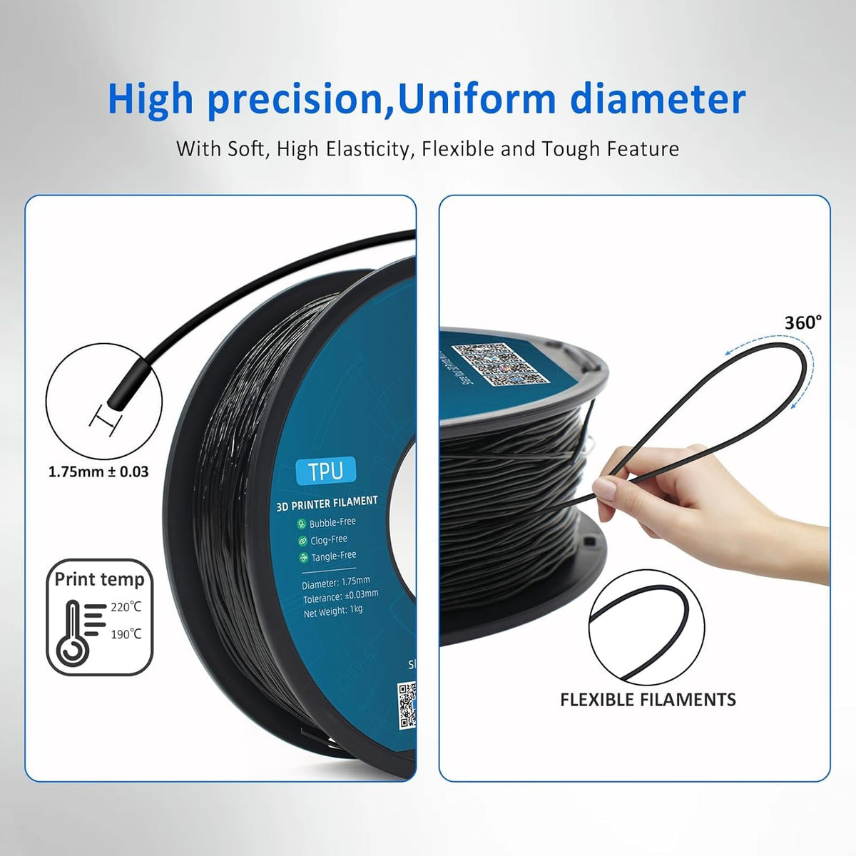 TPU-filament – Flexibel Filament – Elastisch 3D Filament – Rubberachtig Filament – UV-bestendig Filament – 6 kg (3x Zwart + 3x Wit) – 95A Hardheid – Diameter 1,75 mm