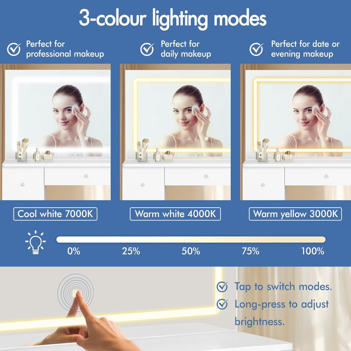 Make-uptafel – Kaptafel – Make-up Meubel – Schminktafel – Make-up Bureau – 7 Laden Opbergruimte – 3 Kleurverlichting Met USB & Stopcontact