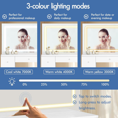 Make-uptafel – Kaptafel – Make-up Meubel – Schminktafel – Make-up Bureau – 7 Laden Opbergruimte – 3 Kleurverlichting Met USB & Stopcontact
