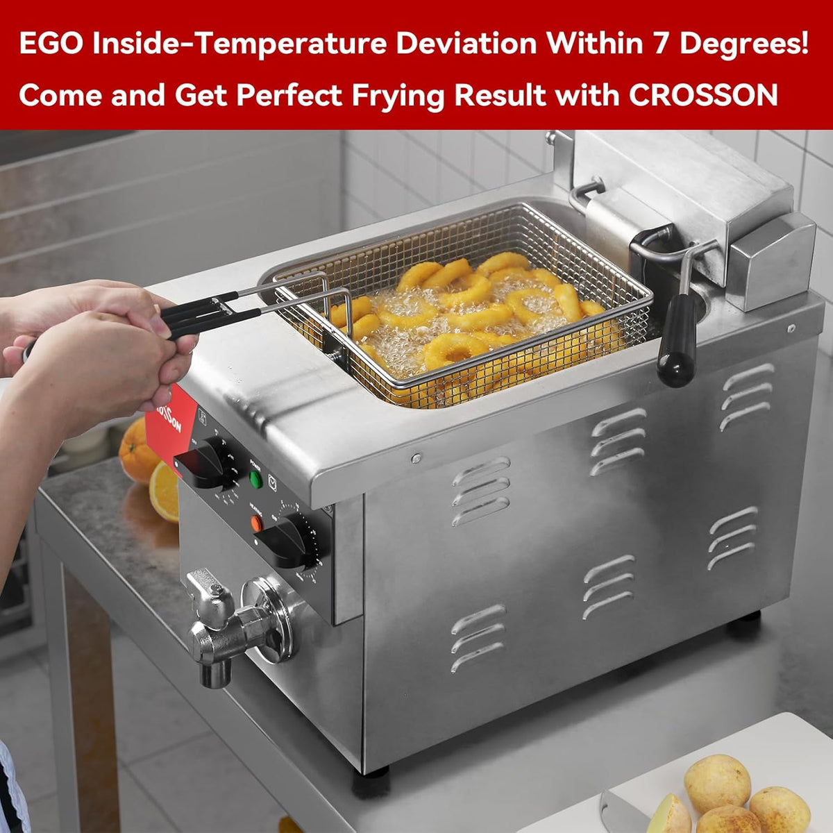 CROSSON Elektrische friteuse voor het werkblad, 8 l, met afvoerventiel, solide mand en deksel voor restaurants, 230 V, 3250 W, roestvrij staal, commerciële friteuse