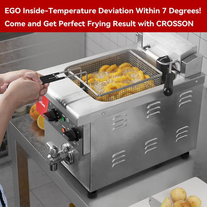 CROSSON Elektrische friteuse voor het werkblad, 8 l, met afvoerventiel, solide mand en deksel voor restaurants, 230 V, 3250 W, roestvrij staal, commerciële friteuse