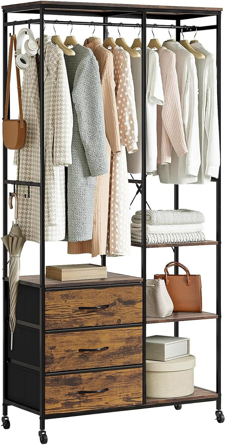 Kledingrek – Kledingkast – Garderoberek – Kledinghanger – Open Kledingrek – Stevig Stalen Frame – Verstelbare Planken & Laden – Wieltjes – Rustiek Bruin