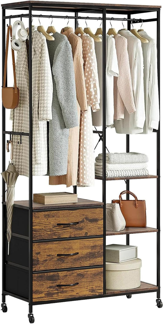 Kledingrek – Kledingkast – Garderoberek – Kledinghanger – Open Kledingrek – Stevig Stalen Frame – Verstelbare Planken & Laden – Wieltjes – Rustiek Bruin