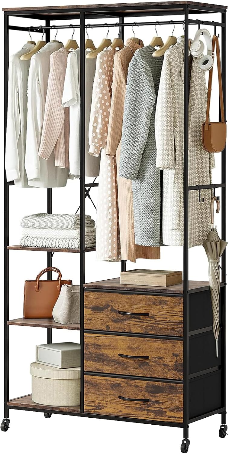 Kledingkast, Kledingrek, Verrijdbaar Kledingrek met Lades, voor Slaapkamer, Open Kledingkast voor Hangende Kleding, Hangrail, Verstelbare Planken, Haakjes, Stalen Frame, Rustiek Bruin