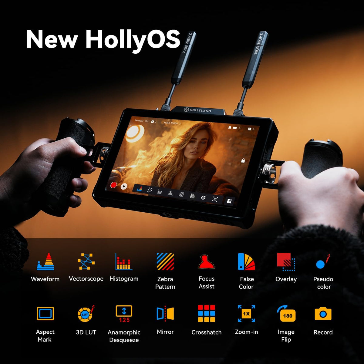 Hollyland Pyro 7 draadloze HDMI SDI 7 ″ monitorzenderontvanger, 4K30/1080p60 400 m bereik, 60 ms latentie, ondersteuning tot 4 draadloze video-ontvangers, automatisch dual-band hoppen met golfvorm
