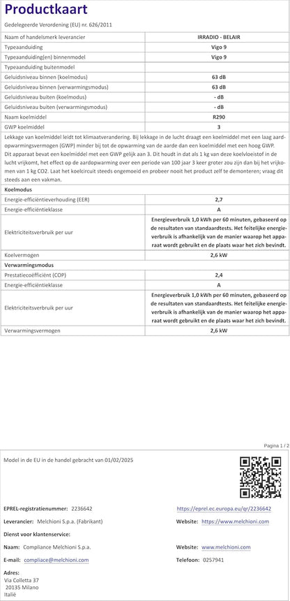 Vigo 9 Draagbare airconditioner, 9000 BTU, met warmtepomp en luchtontvochtiger, R290-gas, geavanceerde functies, draadloze lcd-afstandsbediening, programmeerbare timer en wielen, 63 dB
