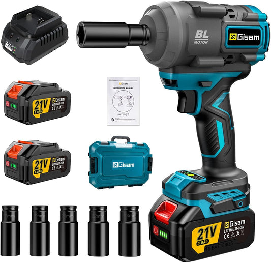 Gisam 850 Nm Accu-slagschroevendraaier met 2 accu's en dopsleutelset, multifunctionele gereedschapsset voor het verwisselen van banden voor auto's, steigers (000-met 2 accu's)