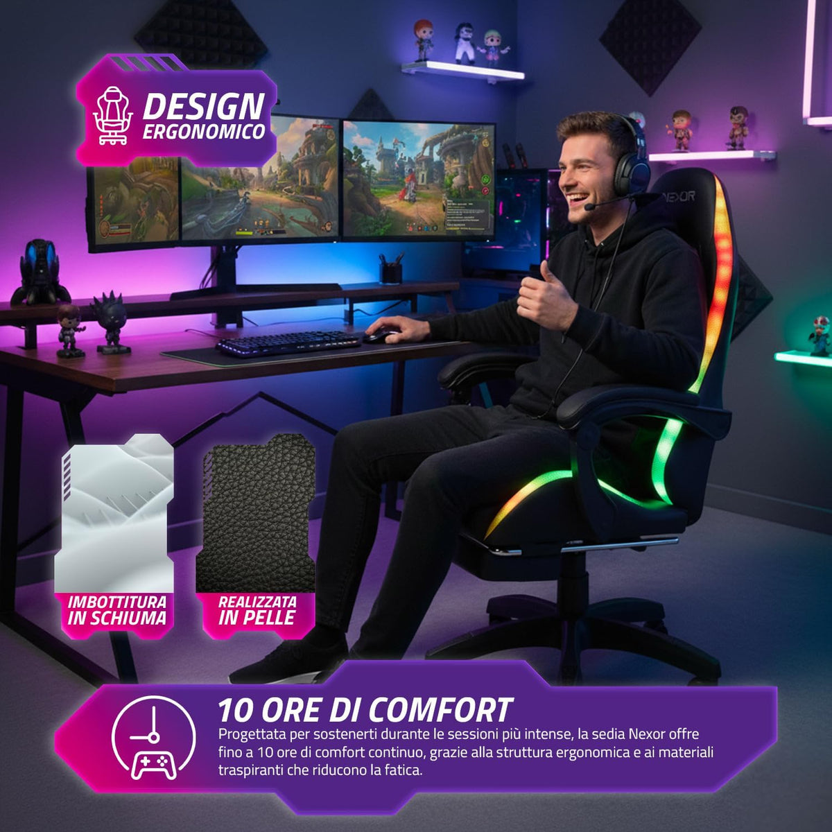 Wintem Gamingstoel met uittrekbare voetensteun, dubbel kussen en RGB-USB-ledlampjes voor absoluut comfort en futuristisch design, ideaal voor gaming, studio en kantoor