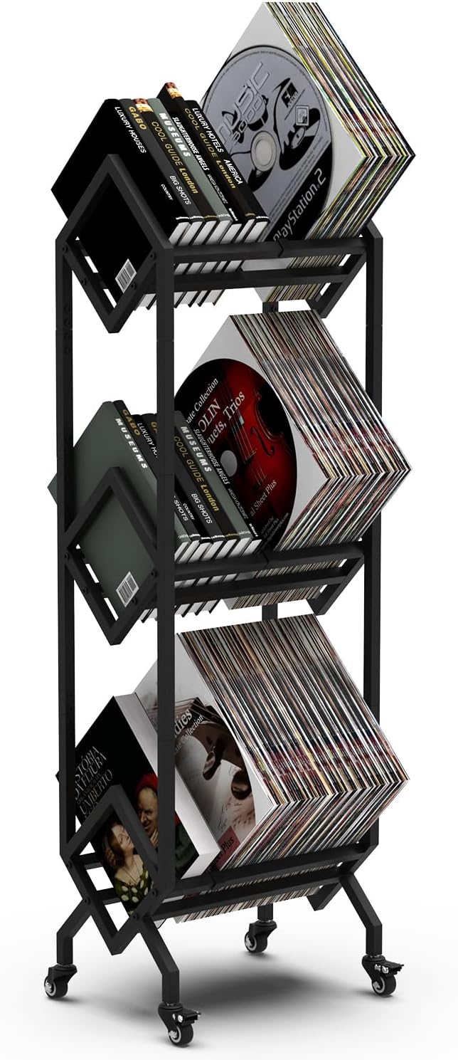 Vinyl Opbergrek Op Wielen – Platenrek – LP Opbergrek – Vinyl Rek – Platenhouder – Tot 150 LP’s – Stevig Metalen Frame Met Poedercoating