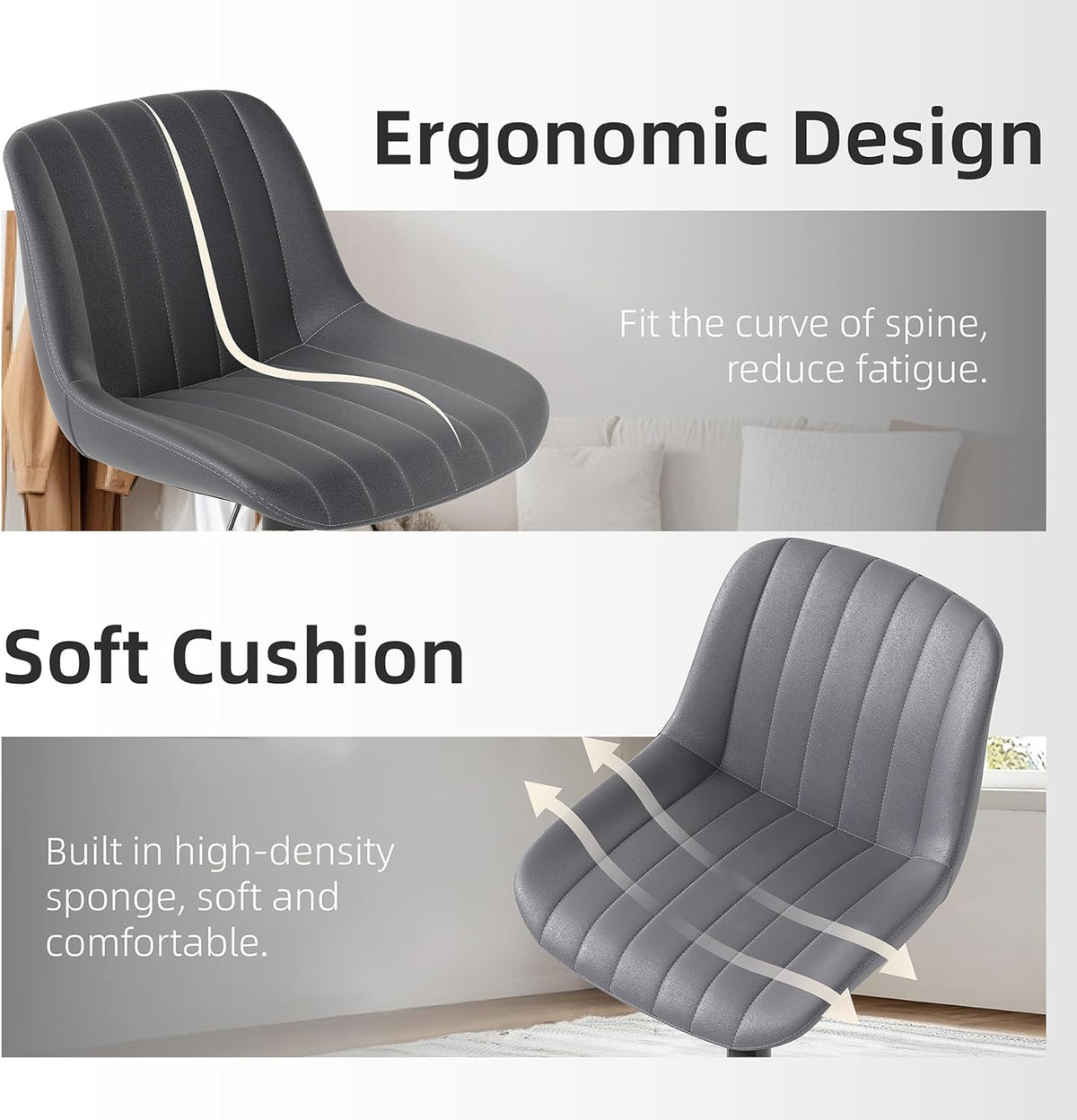 Youhauchair Barkrukken Set van 2, In Hoogte Verstelbare Barkruk met Rugleuning, PU Lederen Barstoelen Bar Stool, Moderne Barstoel Keuken Kruk, Donkergrijs