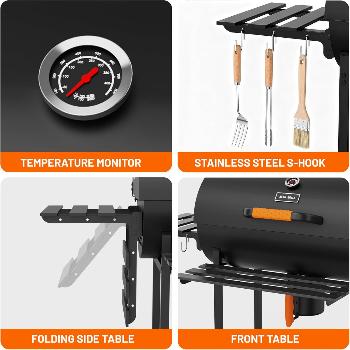 KEYO GRILL 73,7 cm (29 inch) houtskoolgrill - 537 Sq In, houtskoolgrill in vatvorm met roestvrijstalen grill en centrale houtskool, voor tuin, schuur, erf