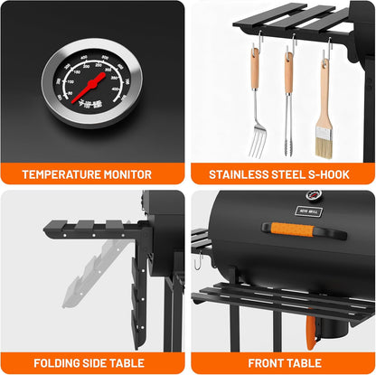 KEYO GRILL 73,7 cm (29 inch) houtskoolgrill - 537 Sq In, houtskoolgrill in vatvorm met roestvrijstalen grill en centrale houtskool, voor tuin, schuur, erf