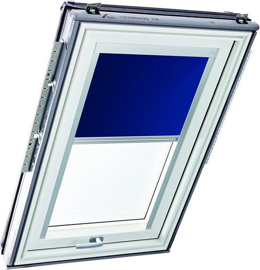 Origineel Roto Rolgordijn Exclusiv ZRE - Geleiderail Zilver - Daglichtrolgordijn Voor Roto Dakvensters Serie Designo R6/R8, i8 en Classic 64/84 - Maat 114/160 | 11/16 - Kleur Stof Blauw - QUORE