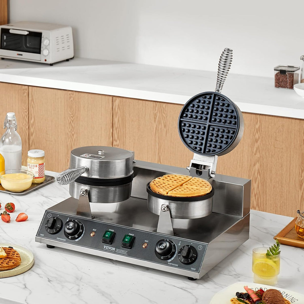 VEVOR Commerciële wafelmachine, dubbele kop, roestvrij staal, antiaanbaklaag, 2460 W, met temperatuur- en tijdregeling, handvat, voor restaurants, gezinnen en bars, 500 x 470 x 260 mm