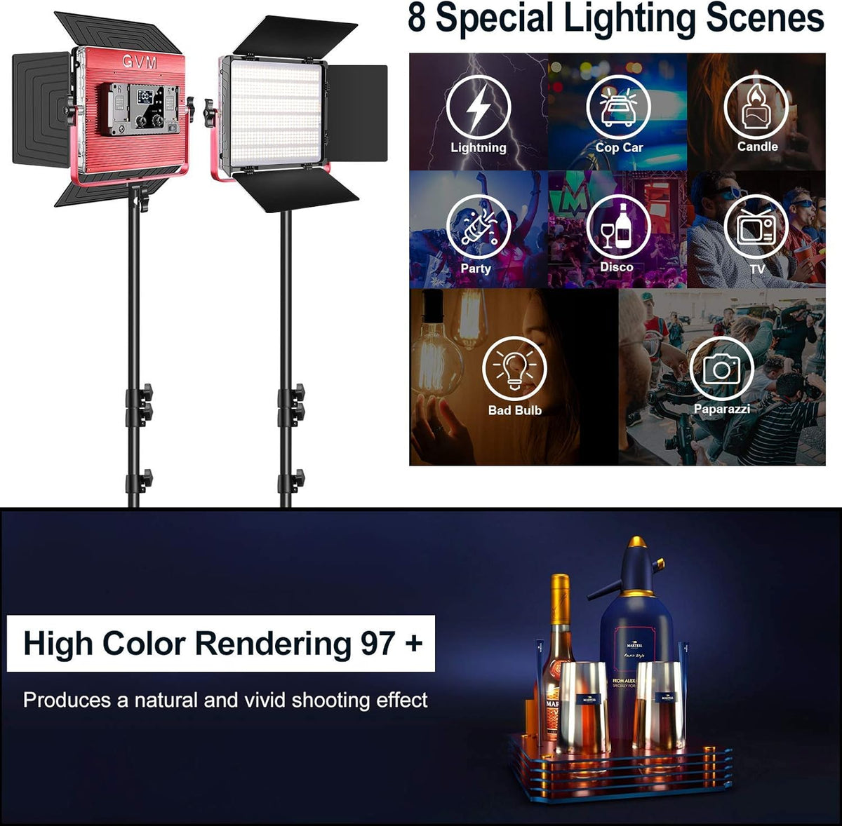 GVM LED videolicht RGB, 50W LED video verlichting met APP-bediening, 1200D fotografie verlichting voor videolicht voor studio video youtube fotografie studioset, 3200K-5600K, aluminiumlegering, CRI 97